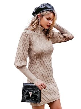 Fable Beige Cable Knit Fall Turtleneck Long Sleeve Sweater Dress Medium 8-10